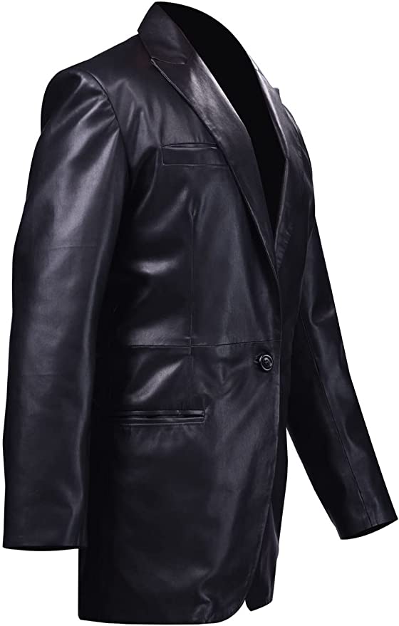 Men's One Button Black Real Leather Blazer