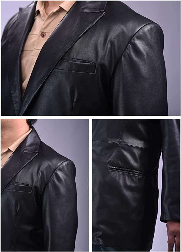 Men's One Button Black Real Leather Blazer