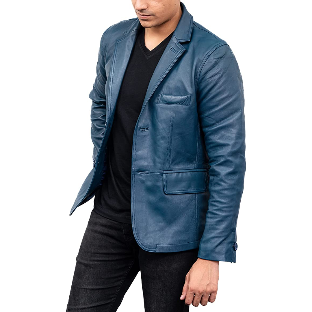 Men's Blue Colour 2 Button Leather Blazer