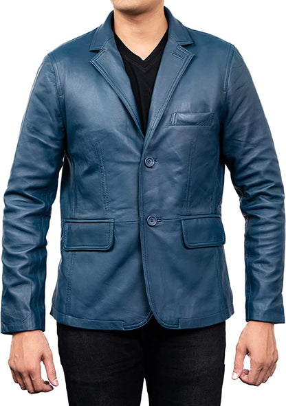 Men's Blue Colour 2 Button Leather Blazer