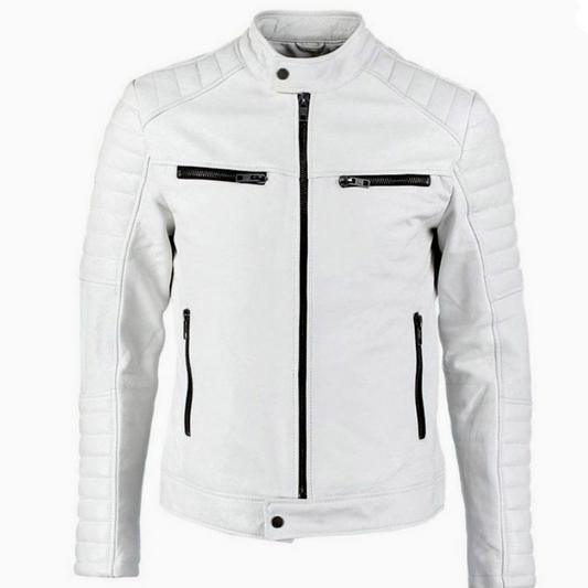 Men's White Leather Motorcycle Jacket