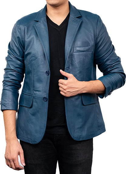 Men's Blue Colour 2 Button Leather Blazer