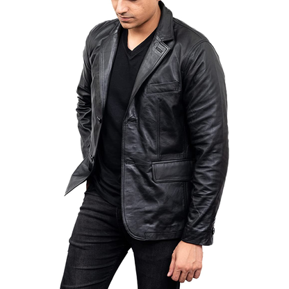 Men's Black Colour 2 Button Leather Blazer