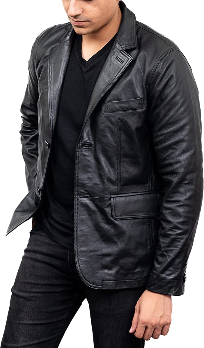 Men's Black Colour 2 Button Leather Blazer