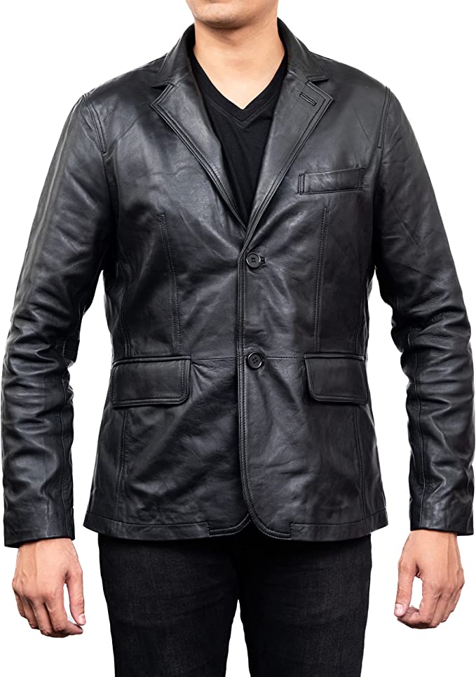 Men's Black Colour 2 Button Leather Blazer