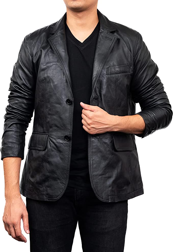 Men's Black Colour 2 Button Leather Blazer