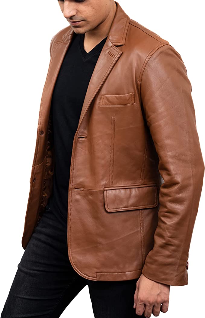 Men's Tan Colour 2 Button Leather Blazer