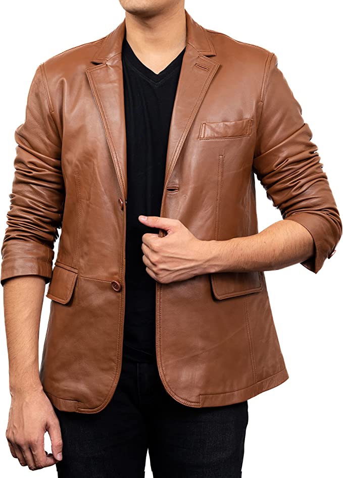 Men's Tan Colour 2 Button Leather Blazer