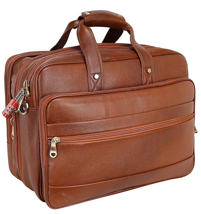 Real Leather Laptop Bags For Men Office Use With Expandable Size Tan Colour