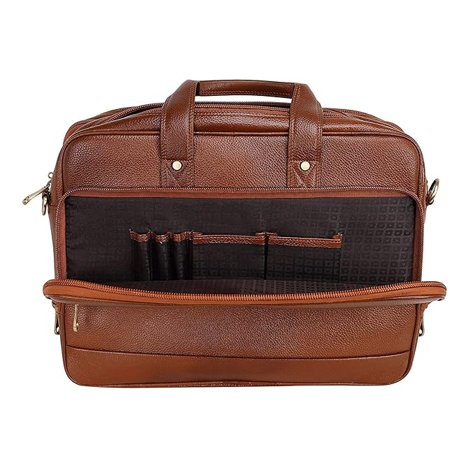 Real Leather Laptop Bags For Men Office Use With Expandable Size Tan Colour