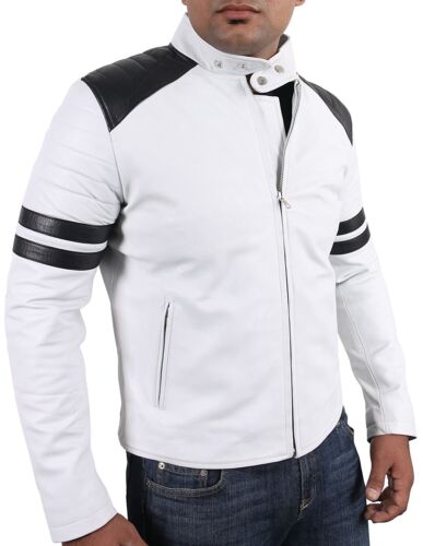 Men's White Colour Genuine Leather Biker Jacket