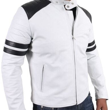 Men's White Colour Genuine Leather Biker Jacket