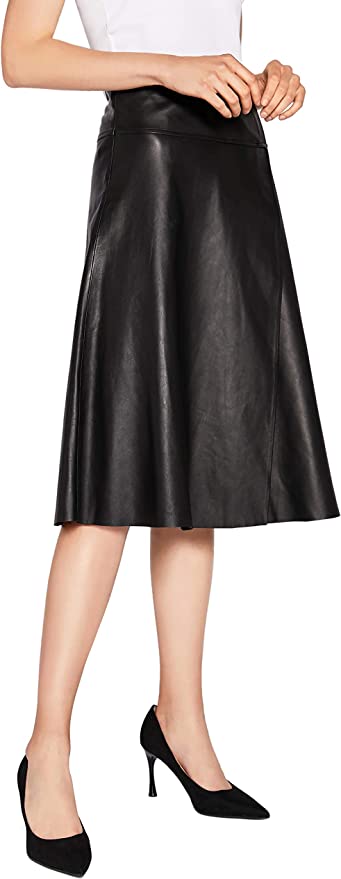 Women's Knee Length Genuine Lambskin Leather Flared Skirt