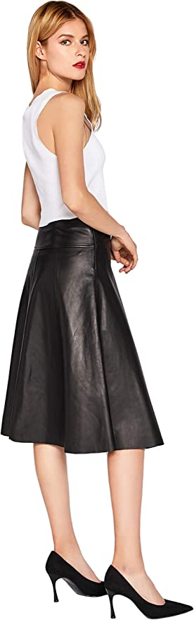 Women's Knee Length Genuine Lambskin Leather Flared Skirt