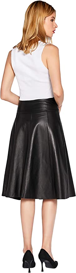 Women's Knee Length Genuine Lambskin Leather Flared Skirt