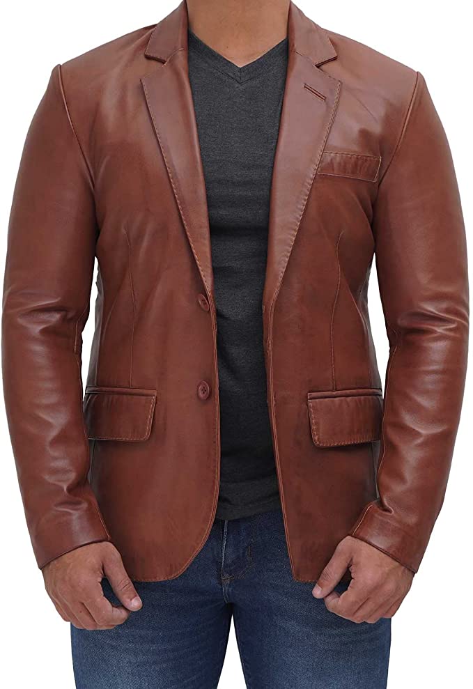 Genuine Brown Leather Men Blazer