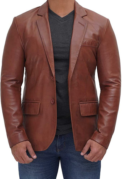 Genuine Brown Leather Men Blazer