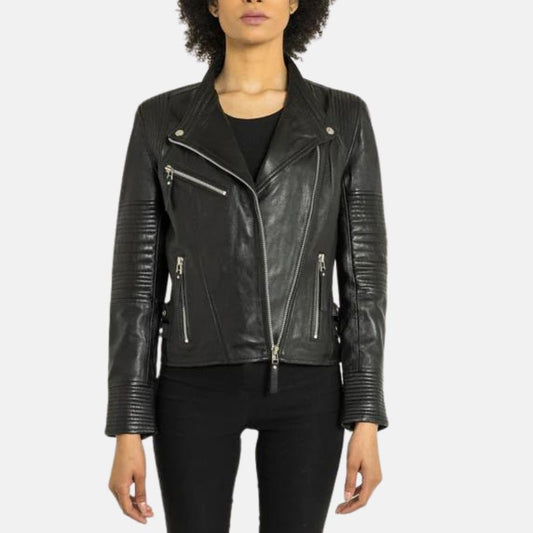 Women's Slim Fit Biker Distressed Black Real Lambskin Leather Jacket