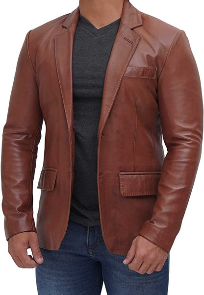 Genuine Brown Leather Men Blazer