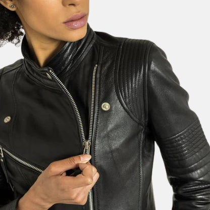 Women's Slim Fit Biker Distressed Black Real Lambskin Leather Jacket