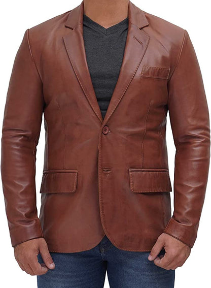 Genuine Brown Leather Men Blazer