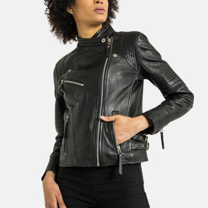 Women's Slim Fit Biker Distressed Black Real Lambskin Leather Jacket