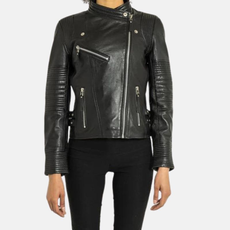 Women's Slim Fit Biker Distressed Black Real Lambskin Leather Jacket