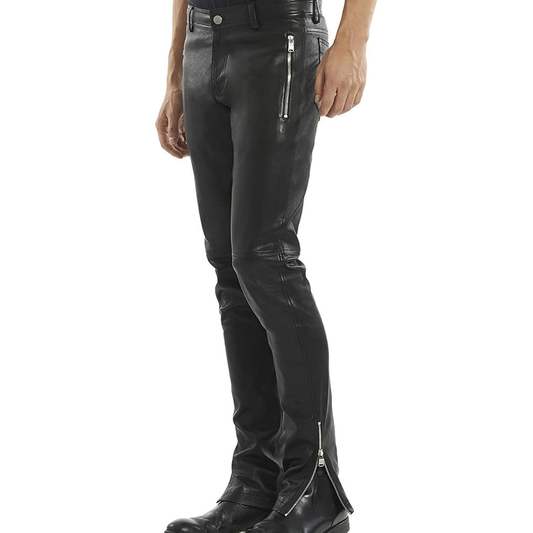 Men's New Black Genuine Lambskin Leather Zip Pant