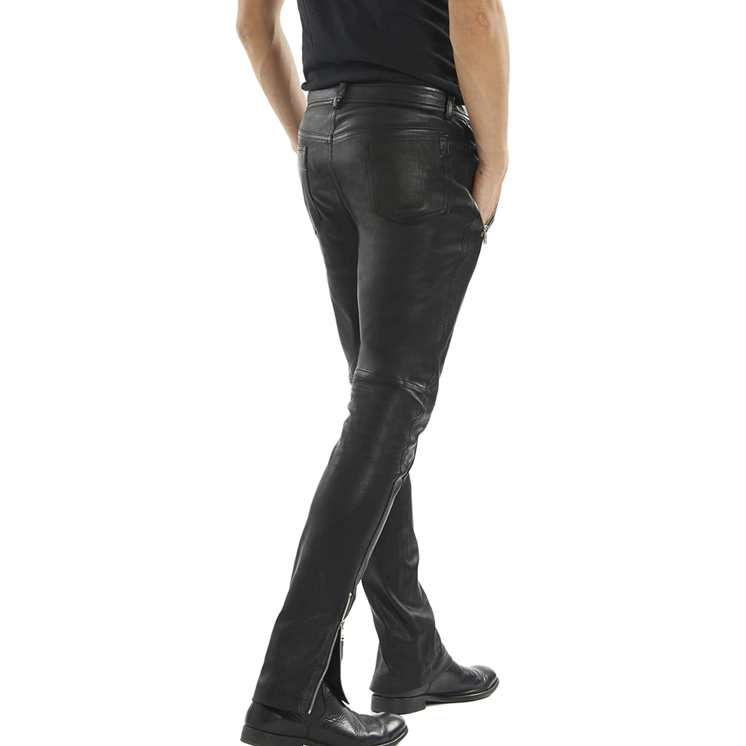 Men's New Black Genuine Lambskin Leather Zip Pant