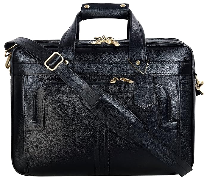 Men's Genuine Lambskin Black Leather Laptop Messenger and Shoulder Bags