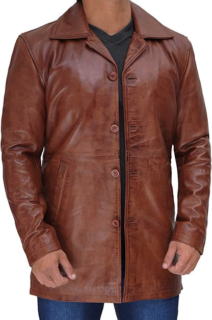 Men's Four Button Brown Leather Shirt