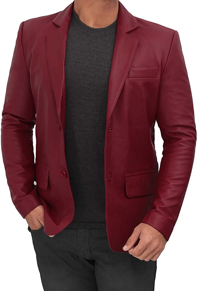 Men Maroon Colour Real Leather Blazer