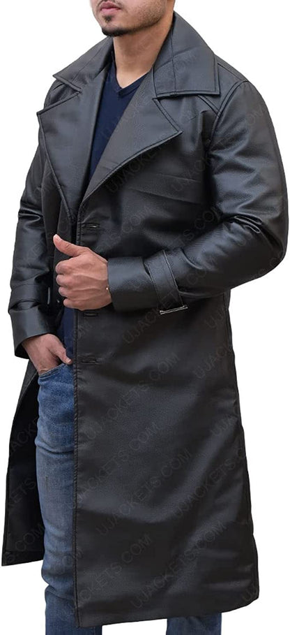 Men Genuine Lambskin Leather Trench Coat Black