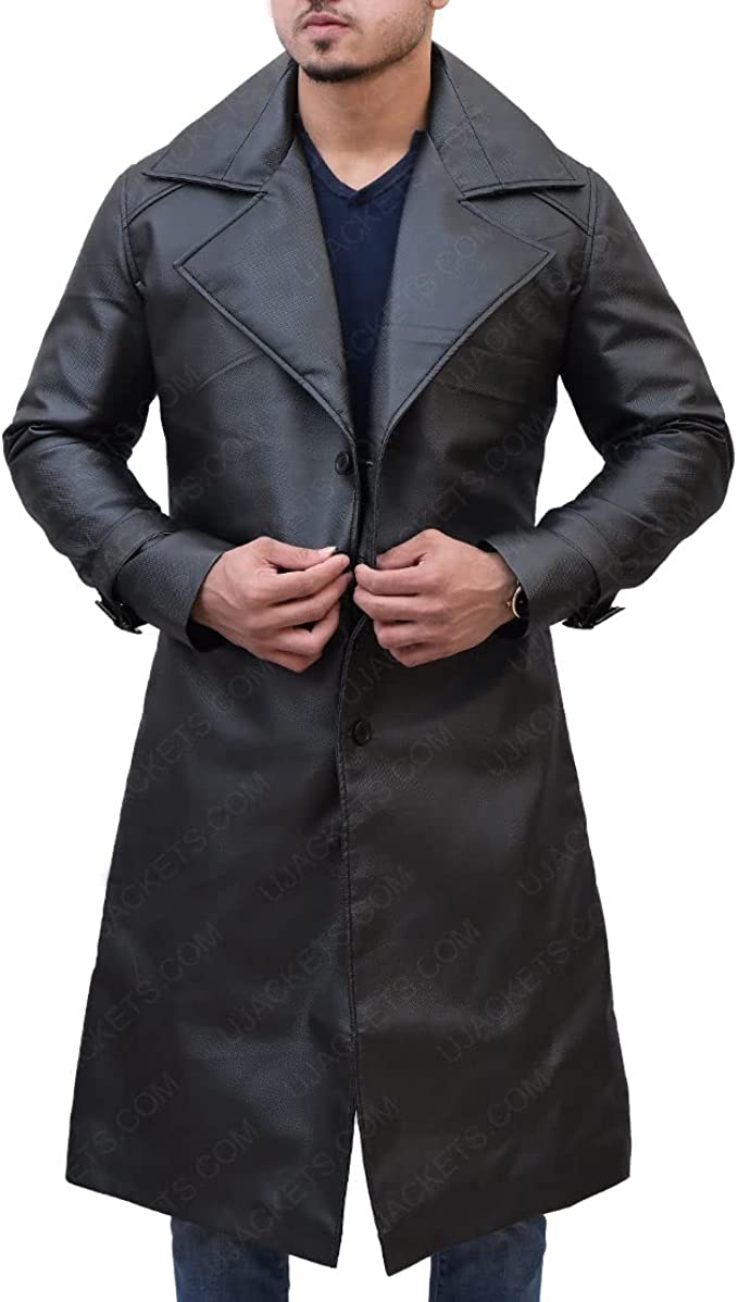 Men Genuine Lambskin Leather Trench Coat Black