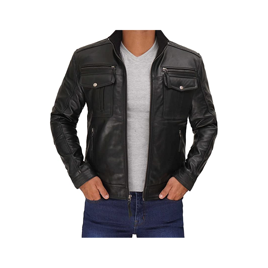 Double Pocket Genuine Lambskin Leather Black Jacket For Men