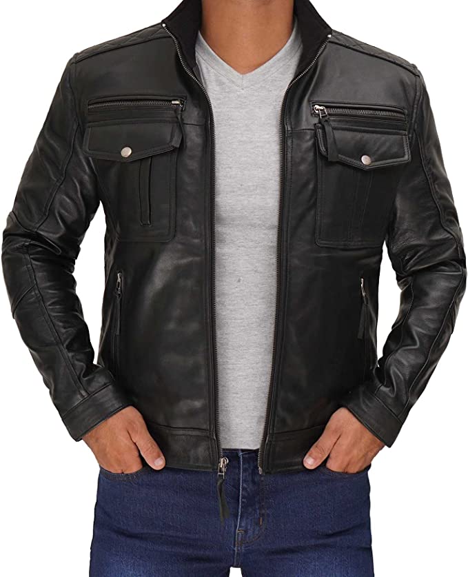 Double Pocket Genuine Lambskin Leather Black Jacket For Men