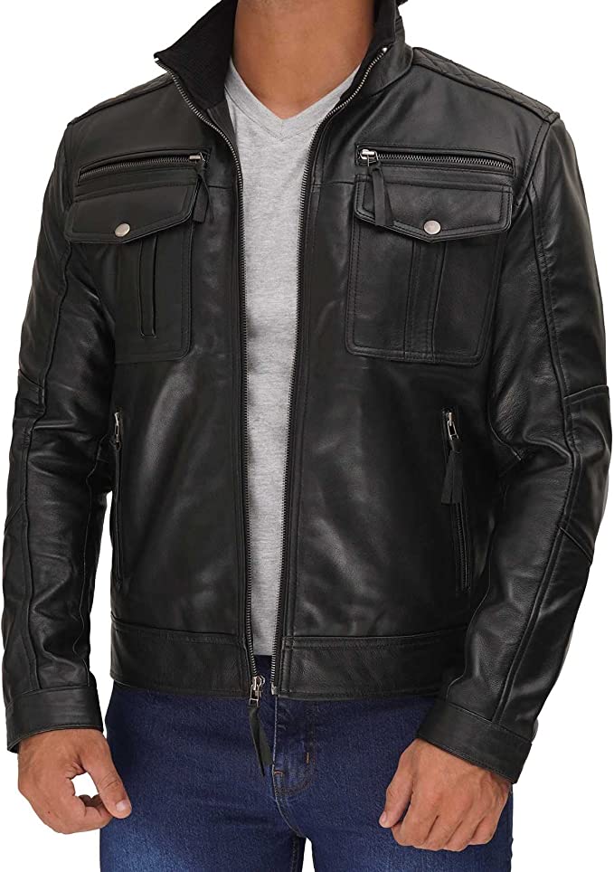 Double Pocket Genuine Lambskin Leather Black Jacket For Men