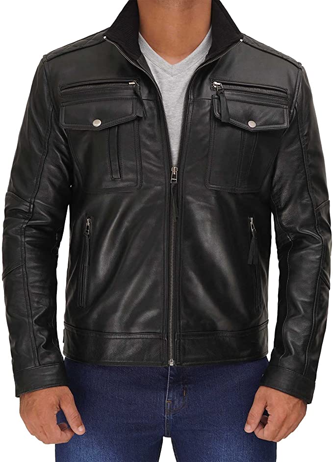 Double Pocket Genuine Lambskin Leather Black Jacket For Men