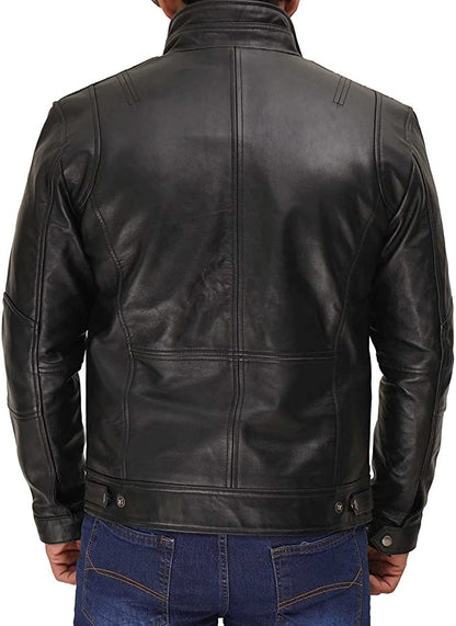 Double Pocket Genuine Lambskin Leather Black Jacket For Men