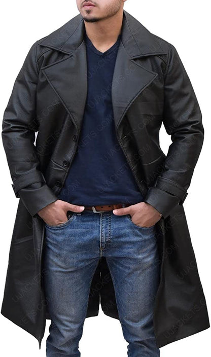 Men Genuine Lambskin Leather Trench Coat Black