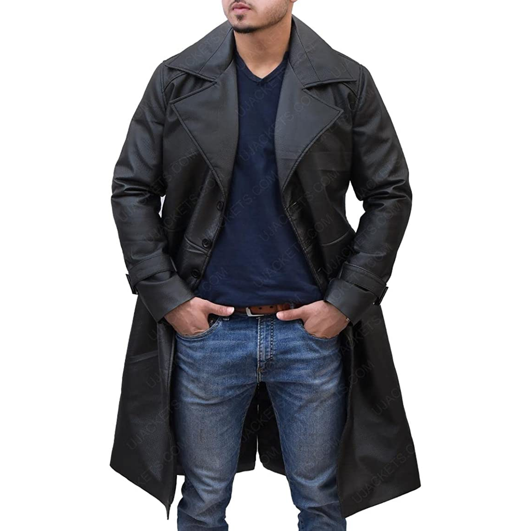 Men Genuine Lambskin Leather Trench Coat Black