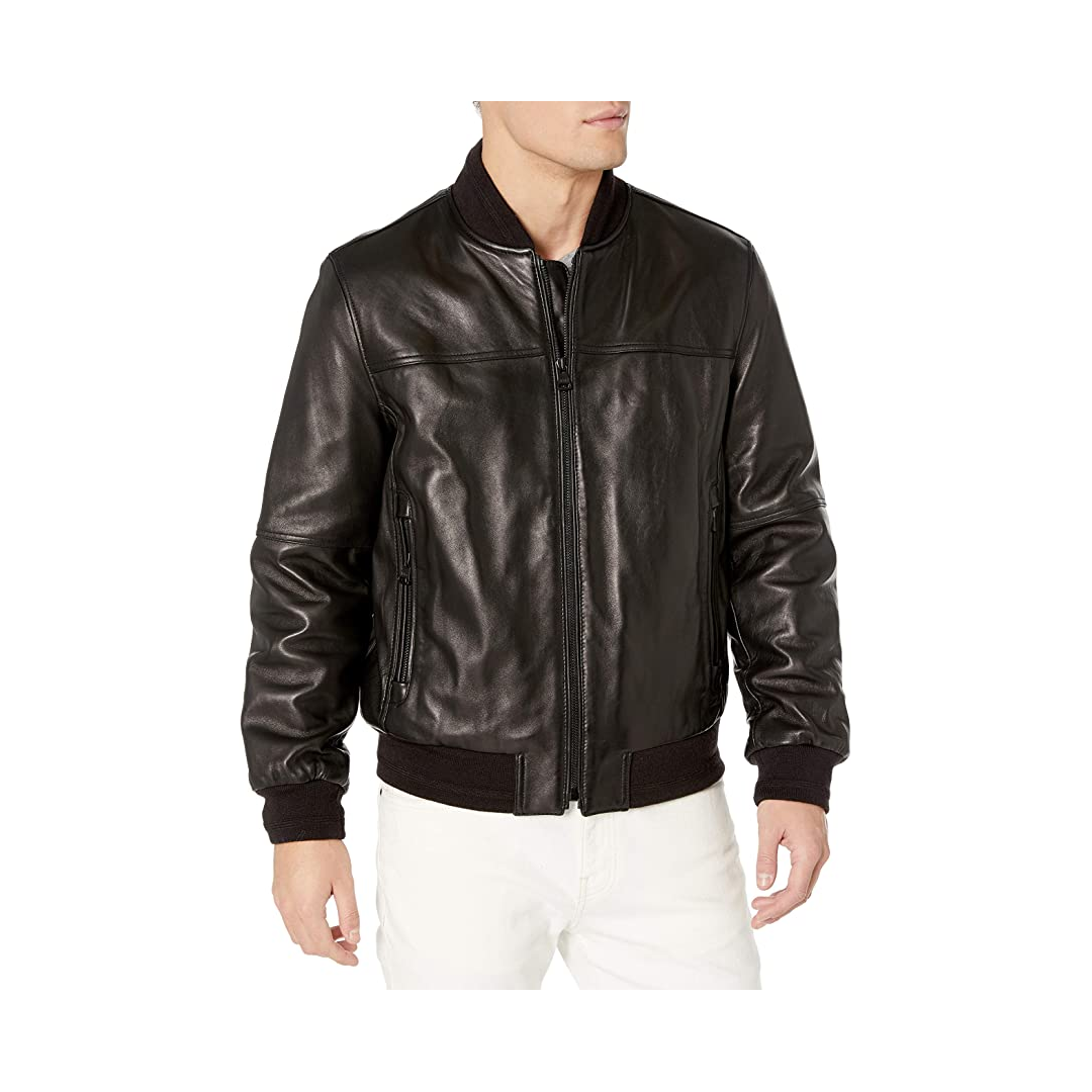 Men Genuine Leather Bomber Jacket Black