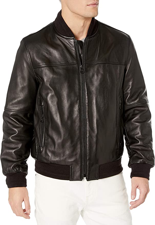 Men Genuine Leather Bomber Jacket Black