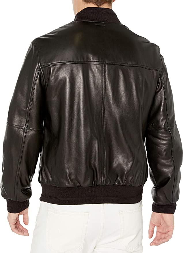 Men Genuine Leather Bomber Jacket Black