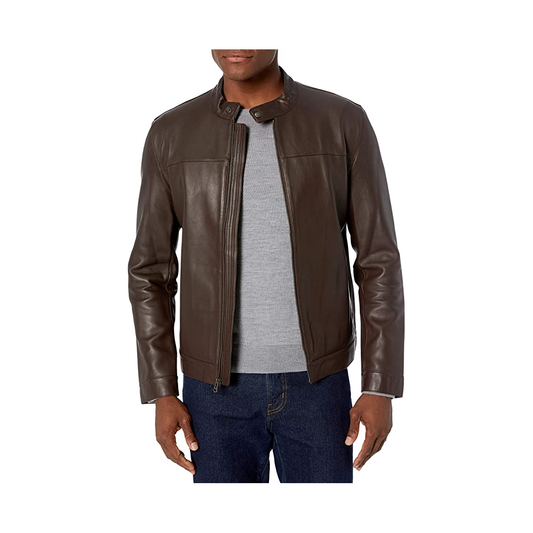 Chocolate Brown Basic Genuine Leather Jacket Round Neck