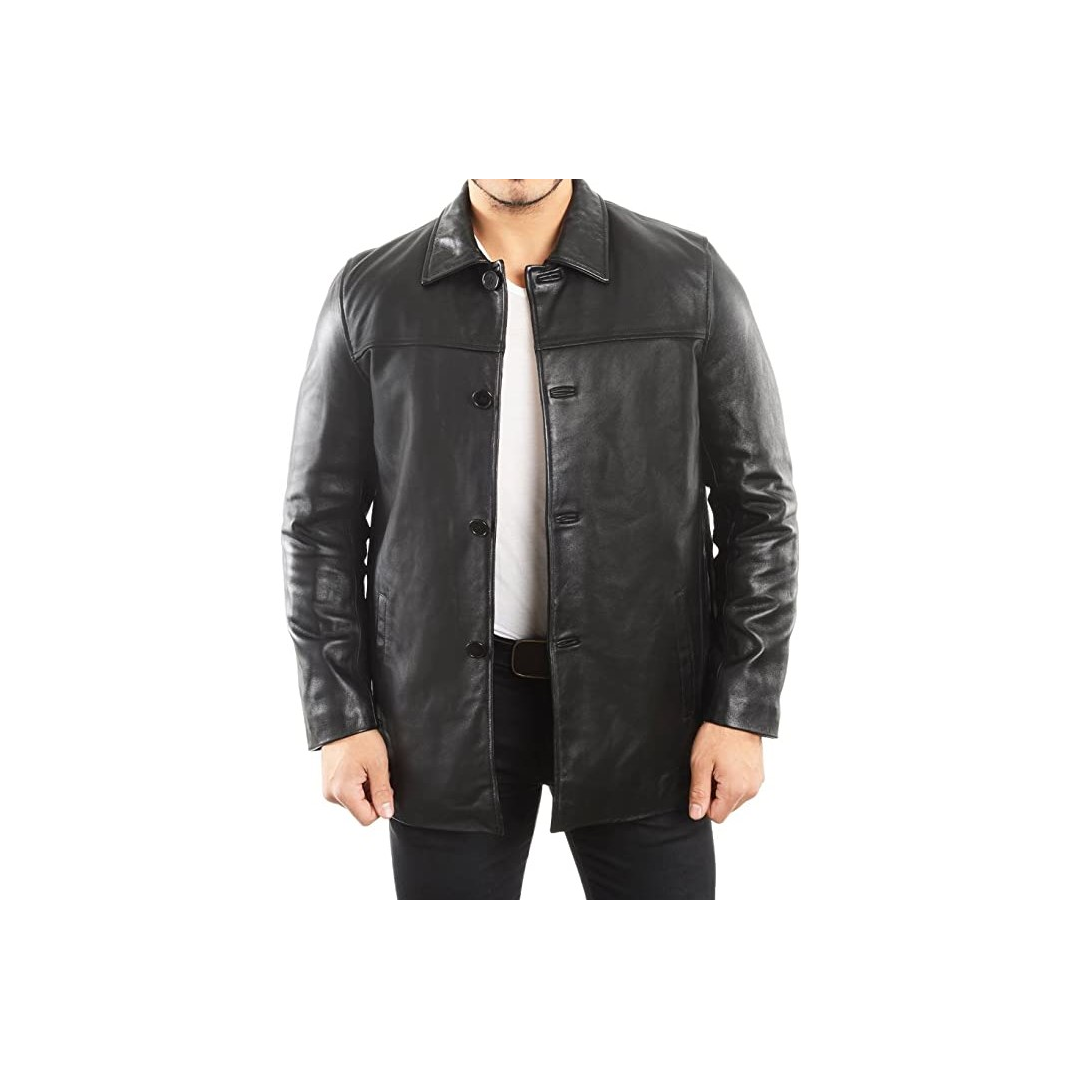 Men's Four Button Genuine Leather Shirt Jacket Black