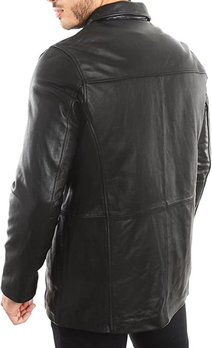 Men's Four Button Genuine Leather Shirt Jacket Black