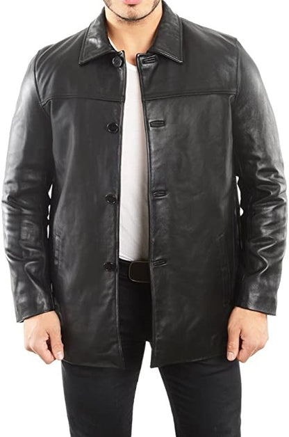 Men's Four Button Genuine Leather Shirt Jacket Black