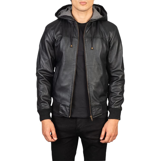 Men's Genuine Leather Hoodie Jacket Black