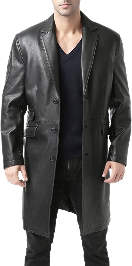 100% Genuine Leather Black Trench Coat For Men